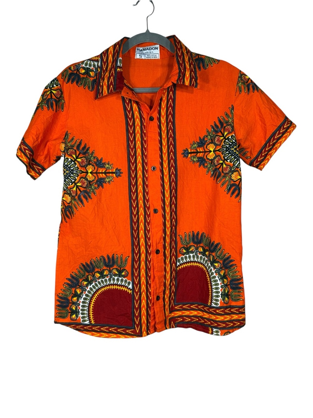 Hamadon Fashion Orange 100% Cotton African Print Button Up Shirt Size S